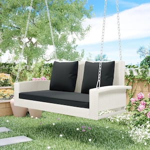 2-Person White Wicker Hanging Porch Swing with Chain and Gray Cushion