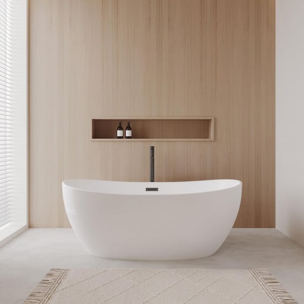 Rebecca 60 in. Acrylic Flatbottom Bathtub in White with Matte Black Trim and Faucet