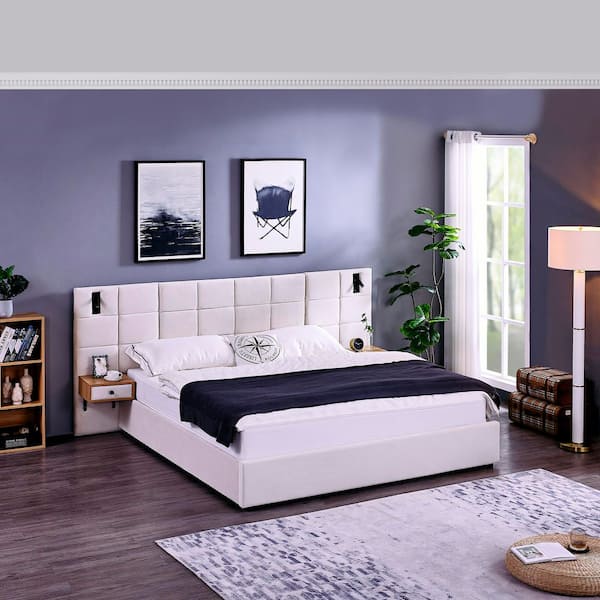 Derwin Beige Wood Frame King Velvet Upholstered Hydraulic Platform Bed with 2 Shelves, 2 Reading Lamps, USB Port