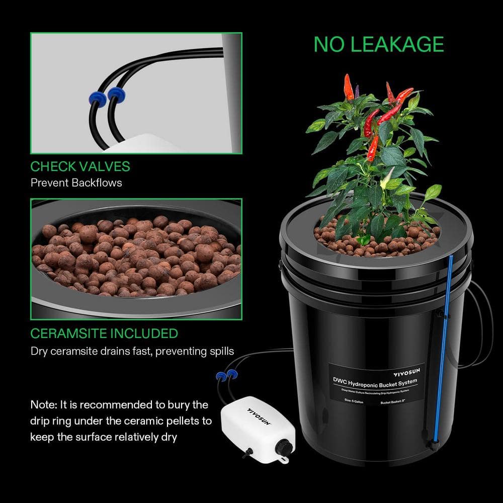 Black 5-Gallon Deep Water Culture Hydroponic System with Air Pump