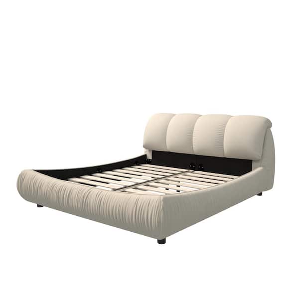 High End Beige Wood Frame King Upholstered Platform Bed with Oversize Headboard, Thickened Slats, Pleating Bed Body