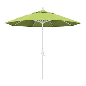 9 ft. Matted White Aluminum Collar Tilt Crank Lift Market Patio Umbrella in Parrot Sunbrella