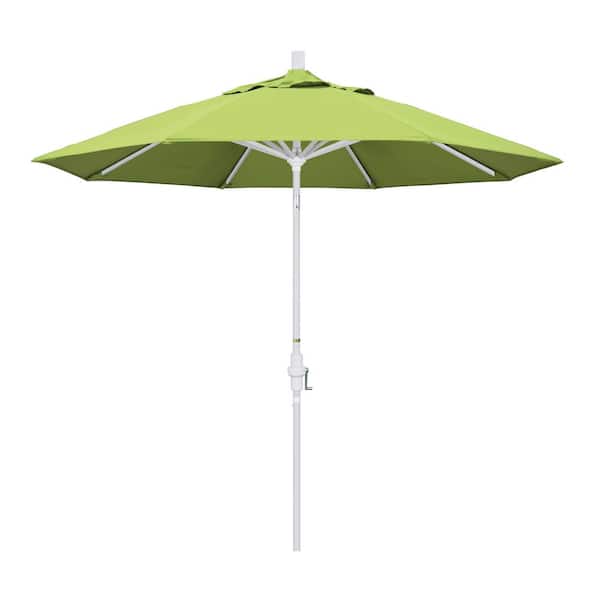 California Umbrella 9 ft. Matted White Aluminum Collar Tilt Crank Lift Market Patio Umbrella in Parrot Sunbrella