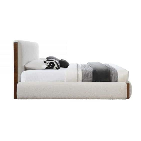 Sandro King White Boucle Upholstered Bed with Walnut Frame