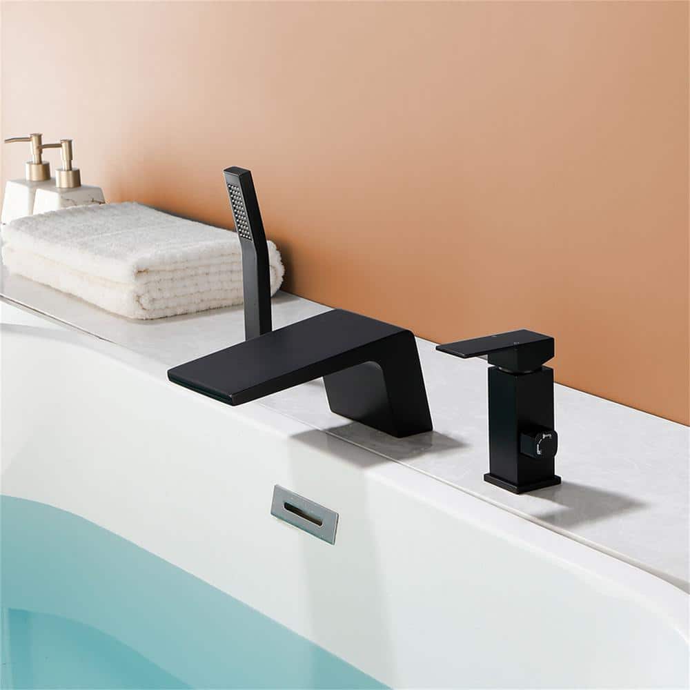 Matte Black Brass Waterfall Tub Faucet with Hand Shower