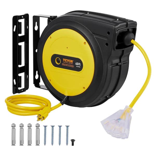 VEVOR 65ft. 12/3 15 Amp Retractable Extension Cord Reel Heavy Duty SJTOW Retractable Power Cord with Lighted Triple Tap Outlet