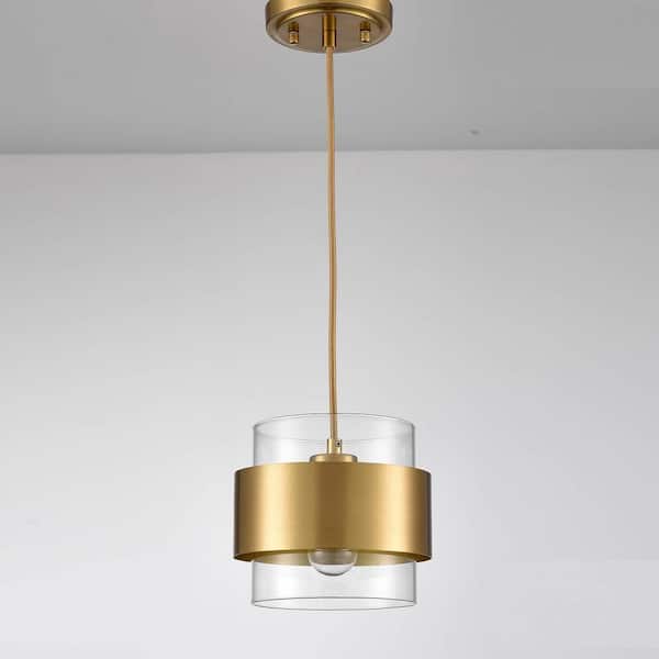 60 Watt 1 Light Gold Finished Shaded Pendant Light with Clear glass Glass Shade and No Bulbs Included