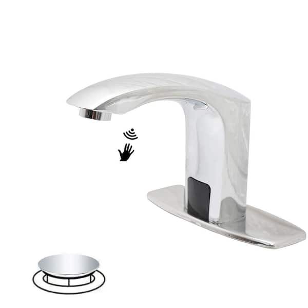 HOMEMYSTIQUE Automatic Sensor Touchless Bathroom Sink Faucet With Deck Plate and Pop Up Drain In Polished Chrome