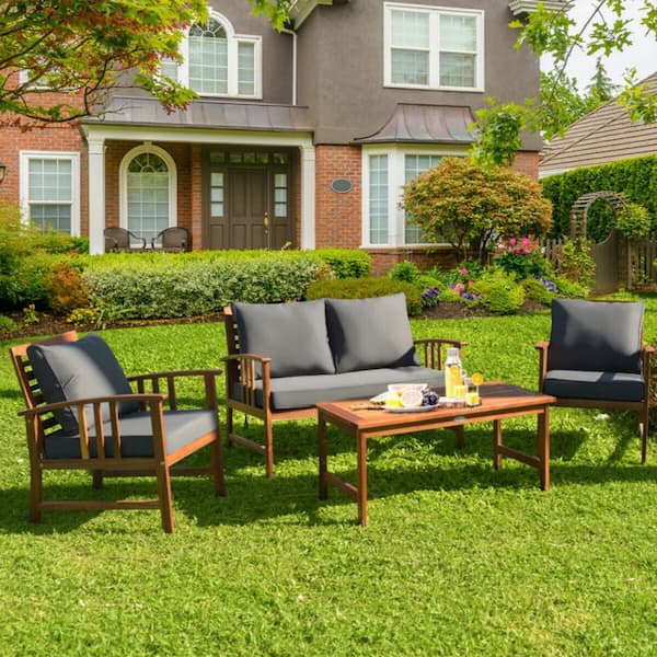 Clihome 4-Piece Acacia Wood Patio Conversation Set Outdoor Sofa Chair Set with Gray Cushions