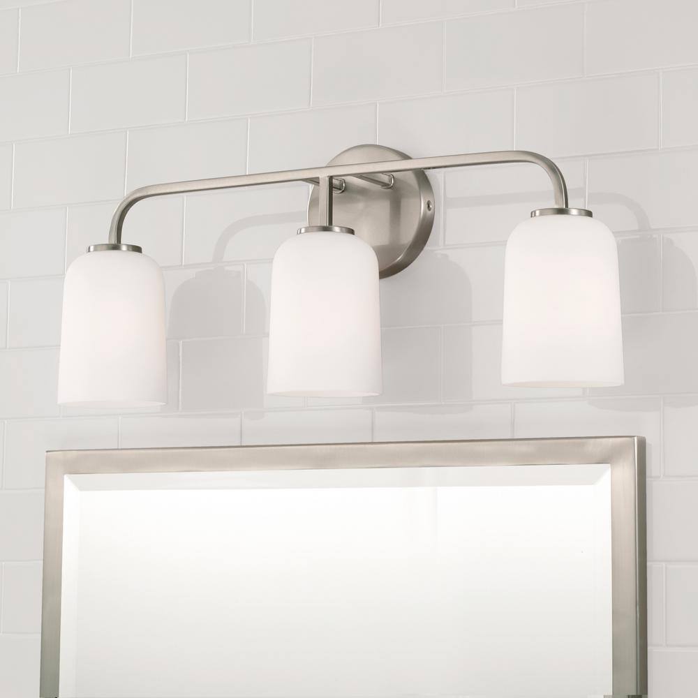 Brushed Nickel 3-Light Vanity with Soft White Glass Shades