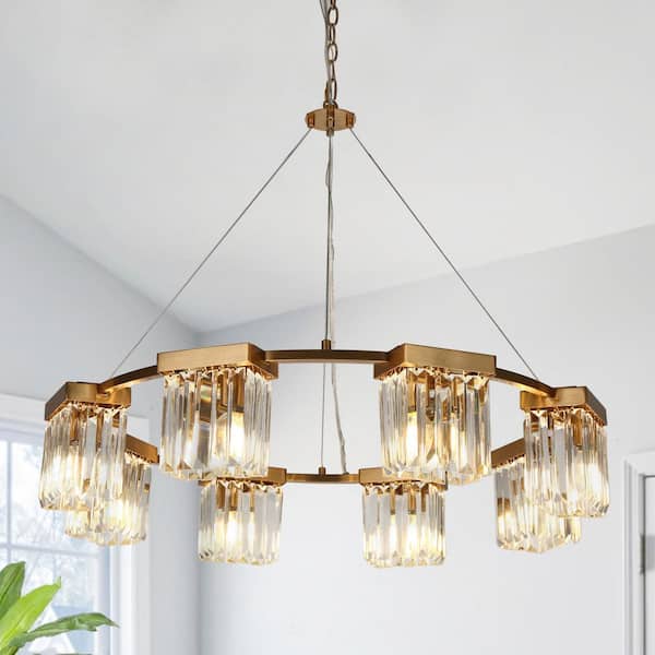 31.5 in. 8-Light Plating Brass Wagon Wheel Crystal Chandelier Modern Dining Room Living Room Circle Hanging Light