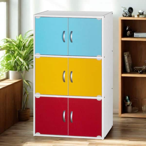 40.8 in. Tall Rainbow Wood 3-Shelf Bookcase with 6-Doors Enclosed Storage 3-Tier Bookshelf for Home or Office