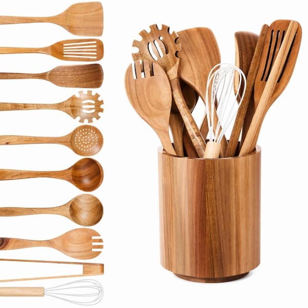 11-Piece Acacia Wood Kitchen Utensil Set with 360-Degree Rotating Holder Nonstick-Safe Cooking Tools