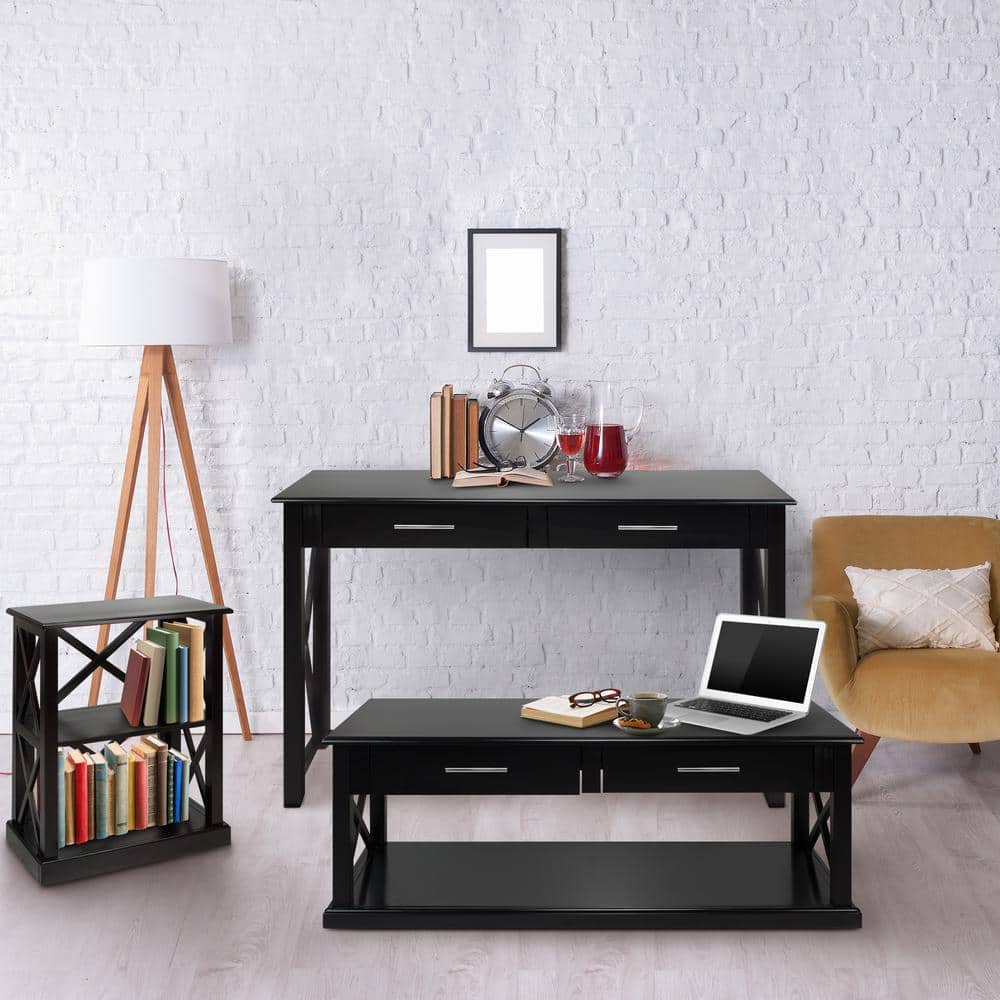 Bay View Black Solid Wood Console Table with Storage Drawers