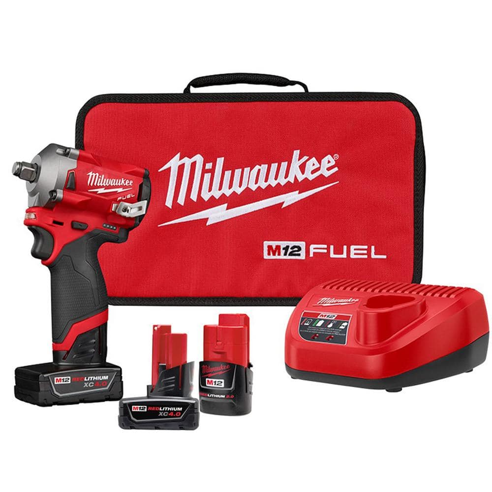 Milwaukee M12 FUEL 12V Lithium-Ion Brushless Cordless Stubby 1/2 in. Impact Wrench Kit With M12 4.0Ah Battery -  2555-22-2440