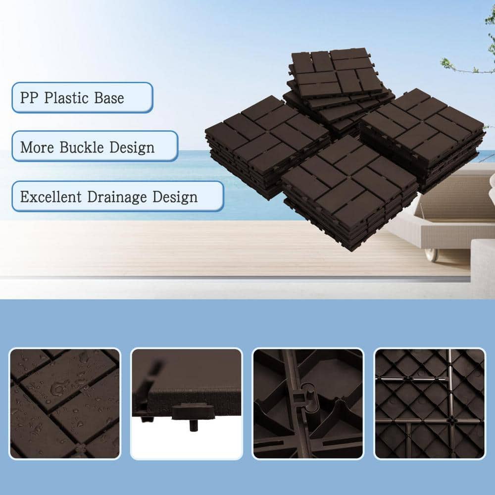 Dark Brown 12"x12" Interlocking Plastic Deck Tiles with Water Protection