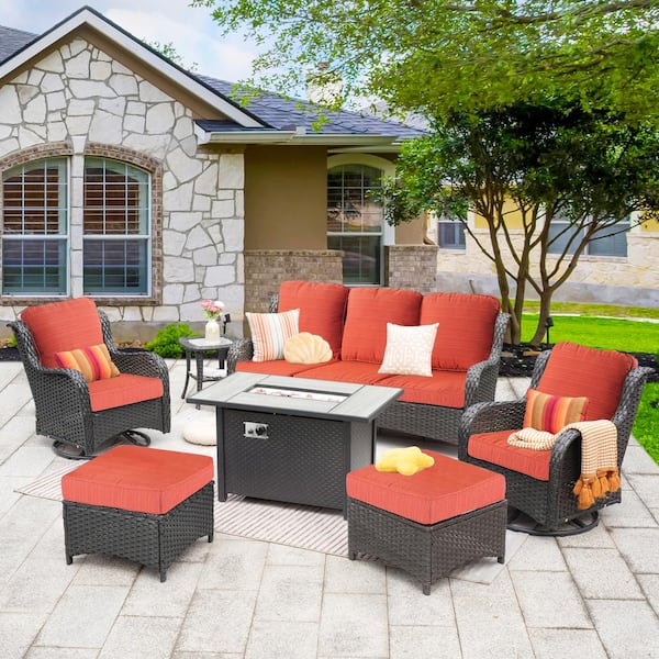 XIZZI Amber 7-Piece Wicker Patio Rectangular Fire Pit Sets and Swivel Rocking Chairs with Orange Red Cushion