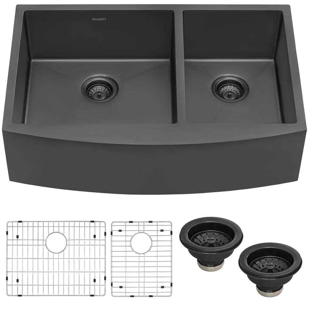 Gunmetal Black Stainless Steel Double Bowl Farmhouse Sink