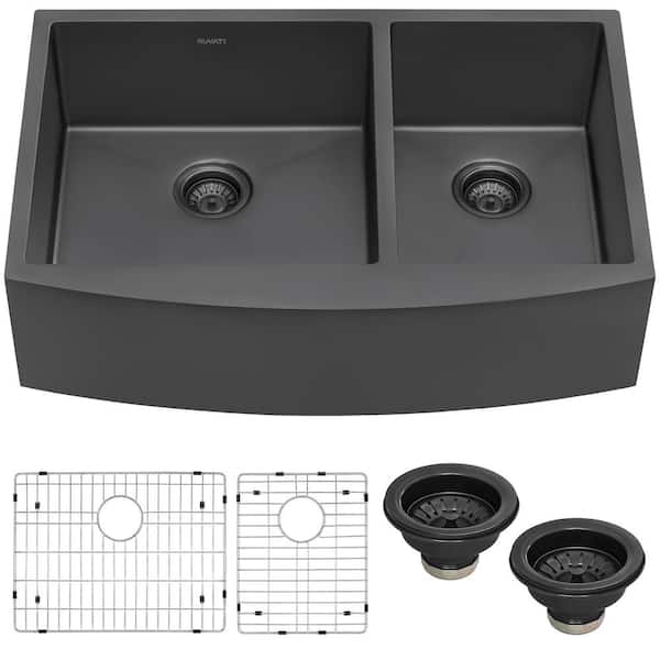 Terraza 33 in. Apron-Front Farmhouse 60/40 Double Bowl 16-Gauge Stainless Steel Kitchen Sink in Gunmetal Black