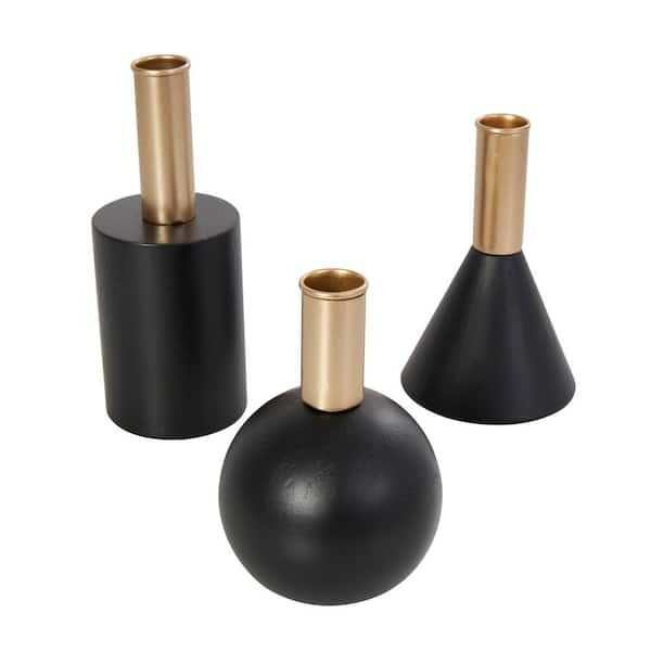 Litton Lane Black Wood Geometric Candle Holder with Varying Shapes