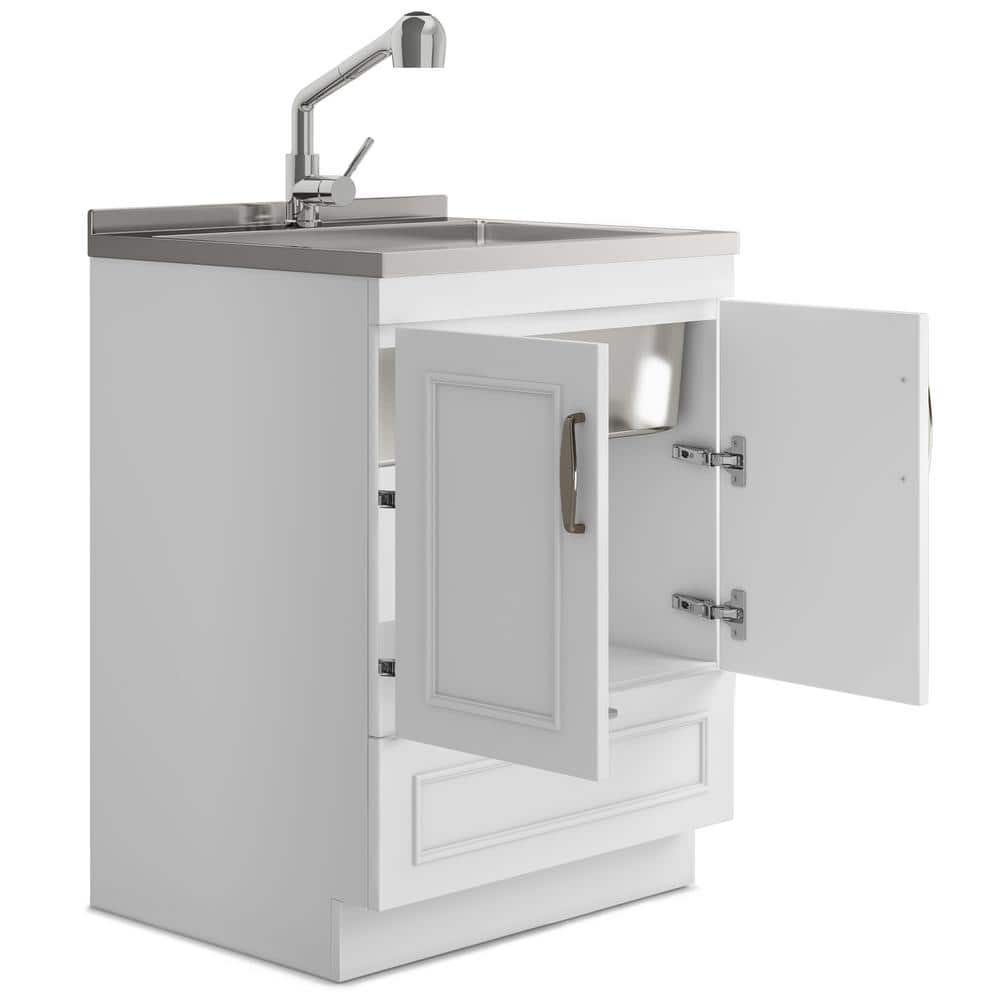 White 28-Inch Laundry Cabinet with Stainless Steel Sink