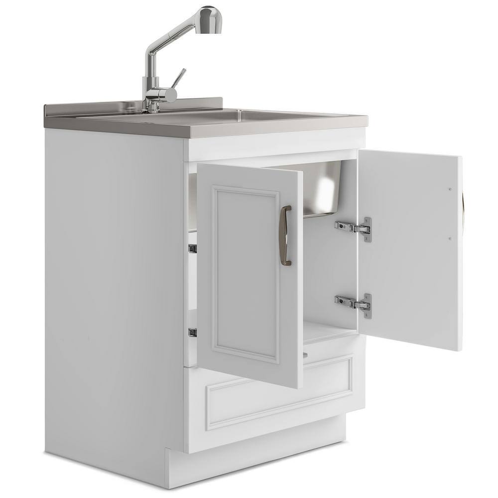 White 28-Inch Laundry Cabinet with Stainless Steel Sink
