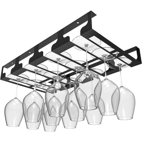 Under Cabinet Wine Glass Rack Black Metal Hanging Organizer for Bar Kitchen 4-Row Stemware Holder with Easy Mounting