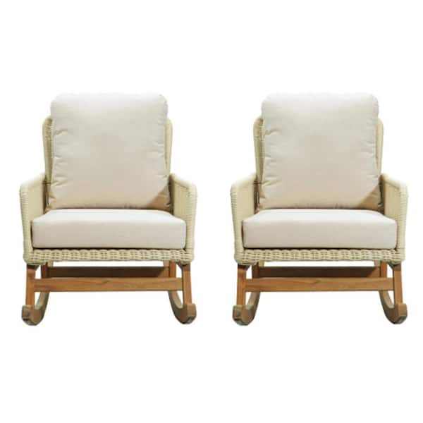 2-Piece Ivory Wicker Rattan Outdoor Rocking Chair with Ivory Cushion and Wood Frame for Balcony or Backyard