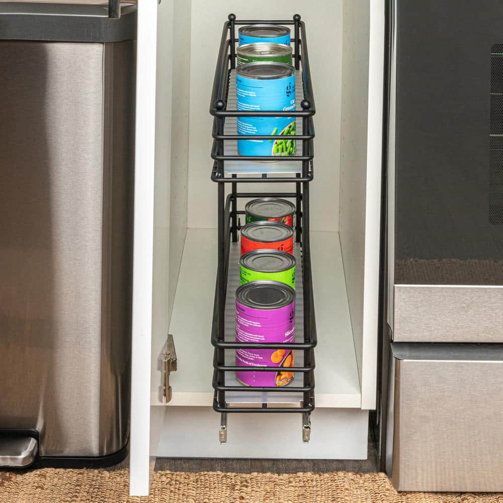 Black 2-Tier Steel Sliding Cabinet Organizer with Plastic Liners