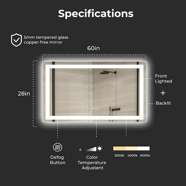 57 in. W x 36 in. H Rectangular Frameless Anti-Fog LED Light Wall Bathroom Vanity Mirror
