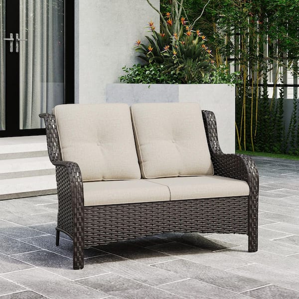 2-Seat Wicker Outdoor Patio Loveseat Sofa Couch with Soft Beige Cushions