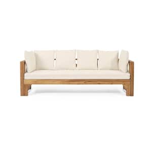 Acacia Wood Outdoor Pull-out Retractable Day Bed Lounge Bench for Patio Poolside with Cushions Beige