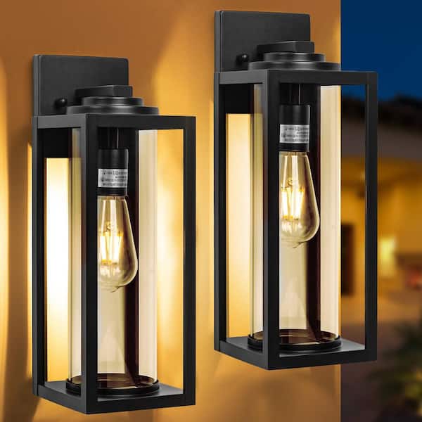 2-Light Black LED Wall Sconce with Clear Glass Shade, Waterproof Outdoor Light Fixture for Porch or Garage, No Bulbs