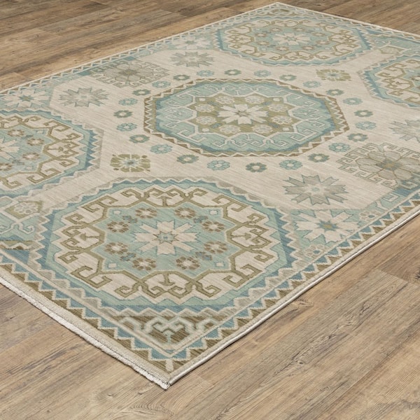 Maco Beige/Blue 10 ft. x 13 ft. Geometric Medallion Polypropylene Fringe-Edge Indoor Area Rug