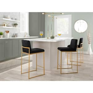 Fuji High Back 26 in. Black Velvet and Gold Metal Counter Stool (Set of 3)