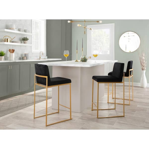 LumiSource Fuji High Back 26 in. Black Velvet and Gold Metal Counter Stool (Set of 3)