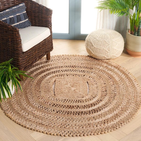 Natural Fiber Beige Doormat 3 ft. x 3 ft. Woven Border Round Area Rug