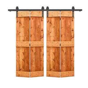 44 in. x 84 in. Mid-Bar Solid Core Red Walnut Stained DIY Wood Double Bi-Fold Barn Doors with Sliding Hardware Kit
