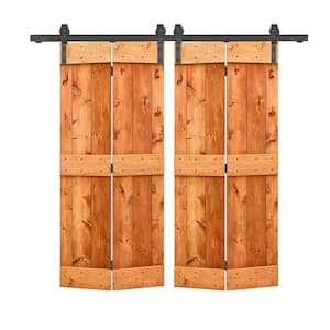 48 in. x 84 in. Mid-Bar Solid Core Red Walnut Stained DIY Wood Double Bi-Fold Barn Doors with Sliding Hardware Kit