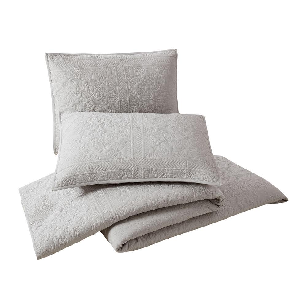 Gray Full Microfiber Bedspread Set with Intricate Stitch Pattern