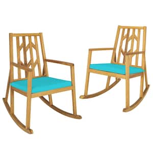 Wood Outdoor Rocking Chair Acacia Wood Armrest with Turquoise Cushions (2-Pack)