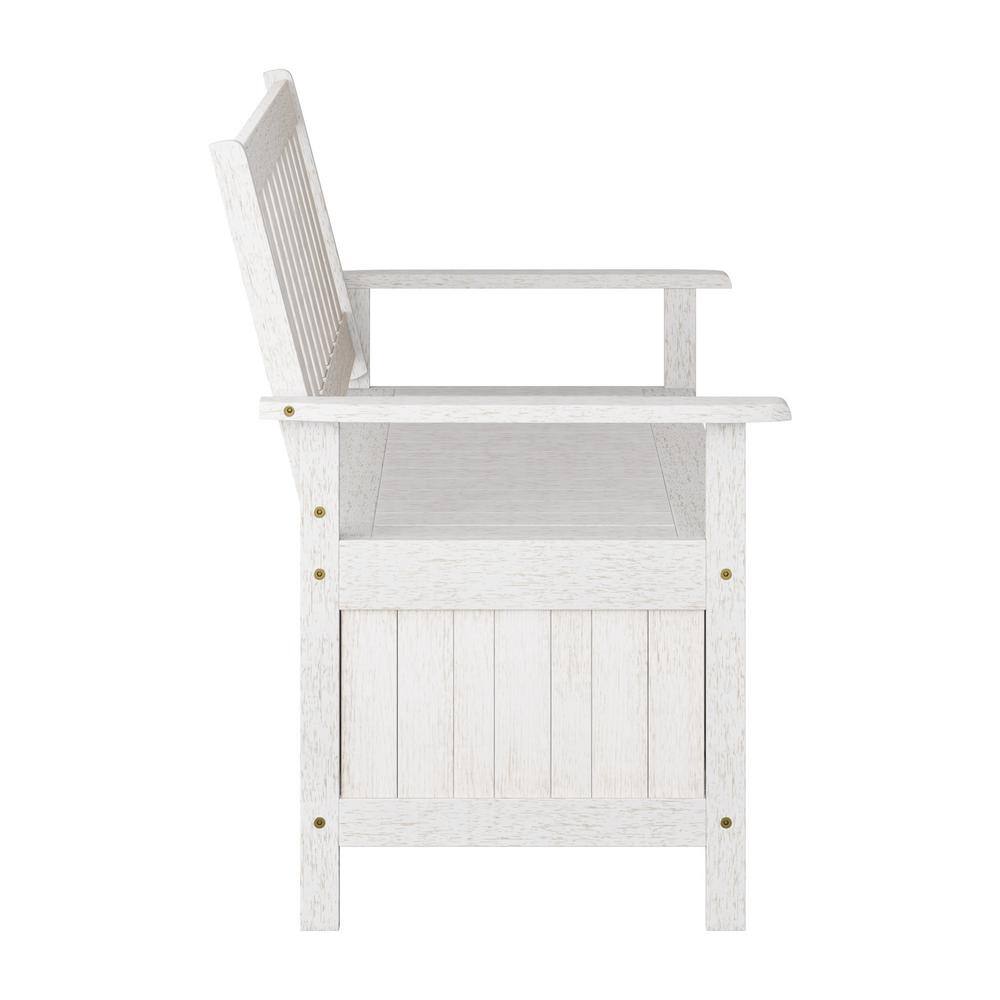Whitewashed Shorea Wood Outdoor Storage Bench with Slatted Back