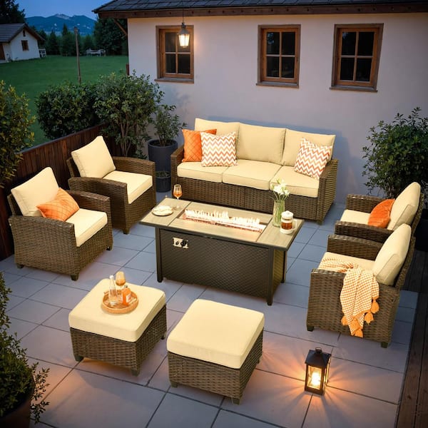 OVIOS Pirani Brown 8-Piece Wicker Patio Rectangle Fire Pit Conversation Set with Beige Cushions
