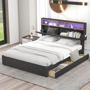 Dark Gray Wood Frame Full Size Upholstered Platform Bed with Adjustable Headboard, LED, USB Charging and 2-Drawers