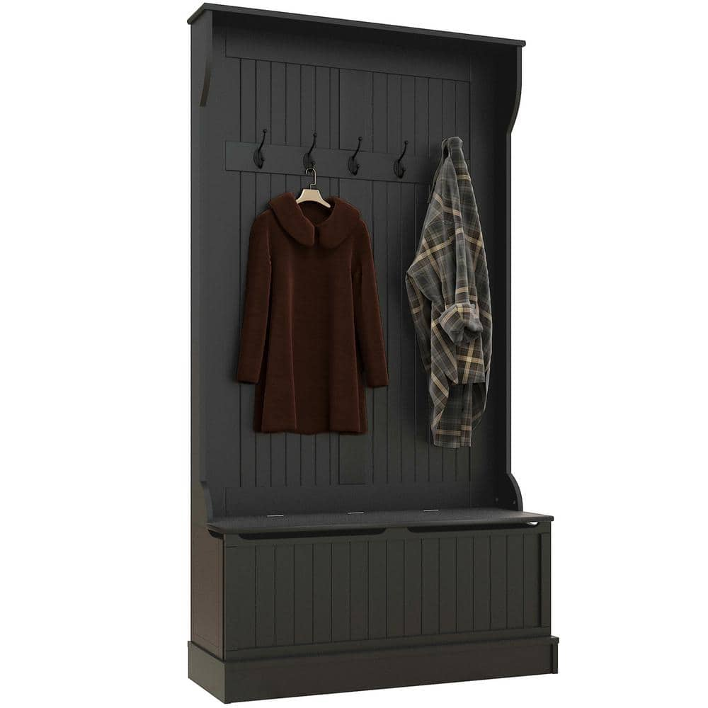 38 in. 3-In-1 Entryway Hall Tree with Storage Bench, Coat Rack with Four Hooks and Shoe Storage, Black -  HOMCOM, 831-181V80BK