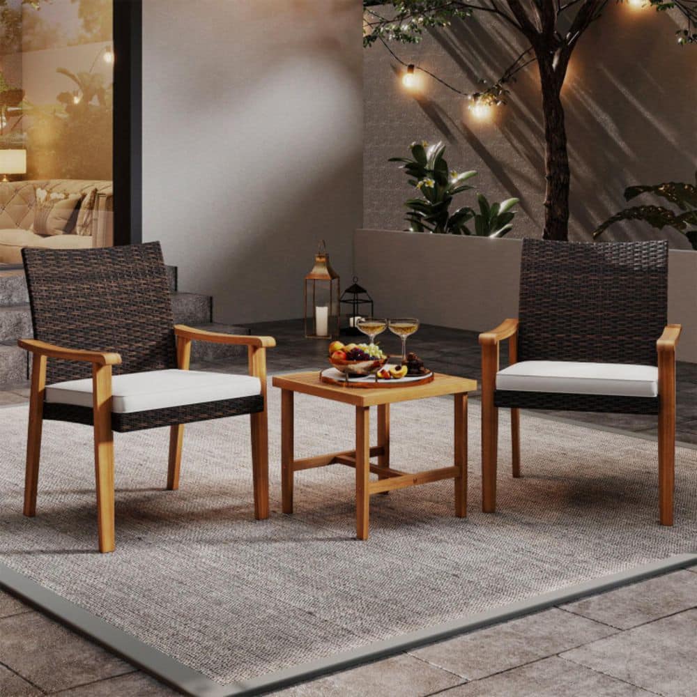 3-Piece Wicker Outdoor Bistro Set with White Cushions and Acacia Wood Table price history on PriceWatchPro