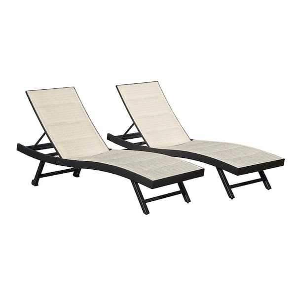 Aluminum Chaise Lounge Chair with Beige Textilene Seat and Adjustable Back for Beach Poolside Lawn Set of 2