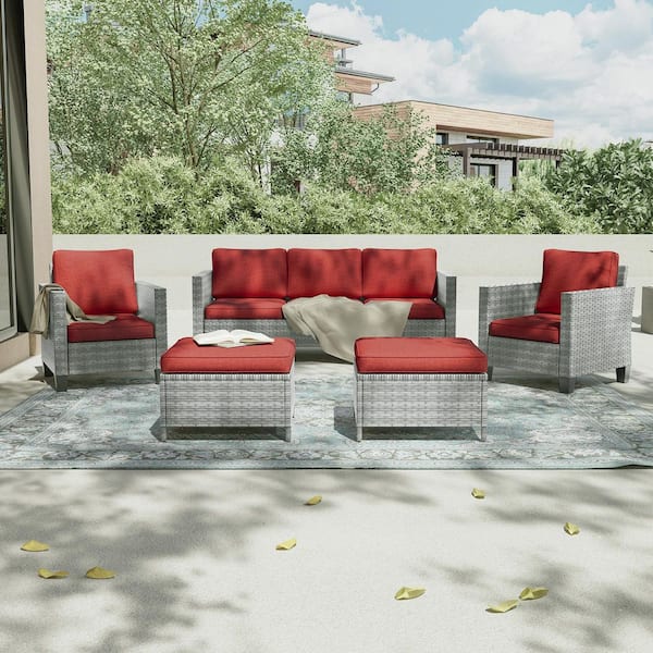 5-Piece Outdoor Patio Conversation Set Widened Back and Arm Grey Rattan 3-Seat Sofa 2-Ottomans, Rust Red