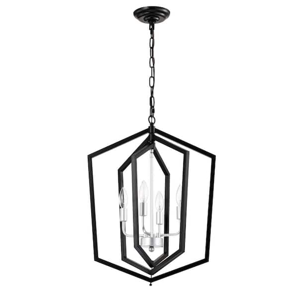 Staykiwi 4-Light Silver Lantern Tired Farmhouse Ceiling Hanging Light Chandelier for Dining Room Kitchen with No Bulbs Included