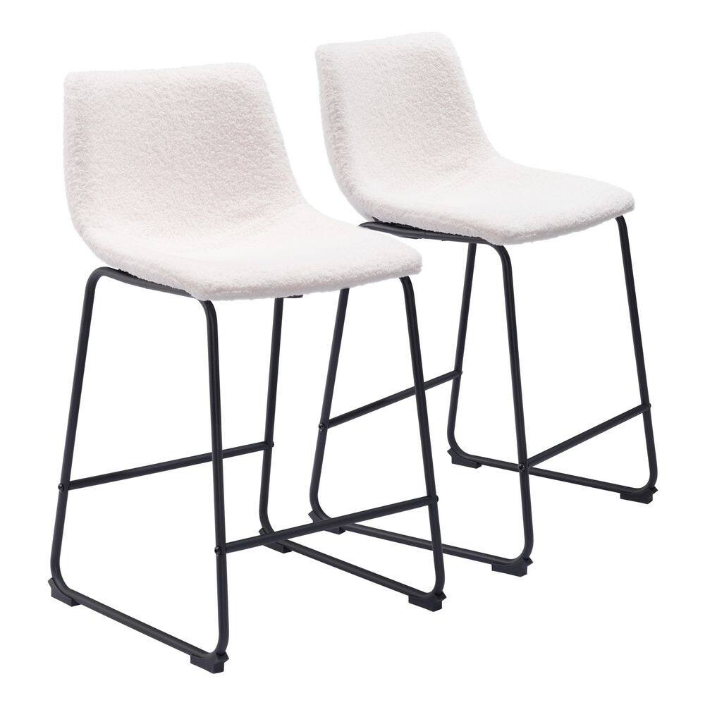 Ivory Upholstered Counter Stools with Black Metal Base, Set of 2